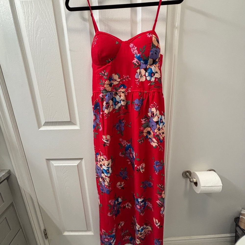 Red Floral Maxi Dress with Spaghetti Straps